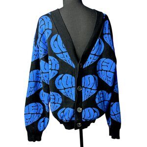 Forever 21 Mens Blue Blk Lover Friend Cardigan Graphic Sweater Sz M Artsy Cotton